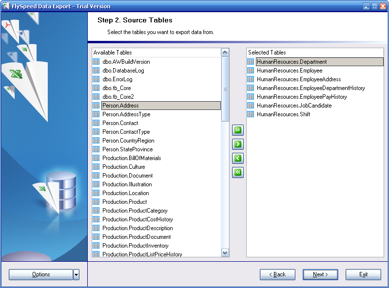 Selecting source tables