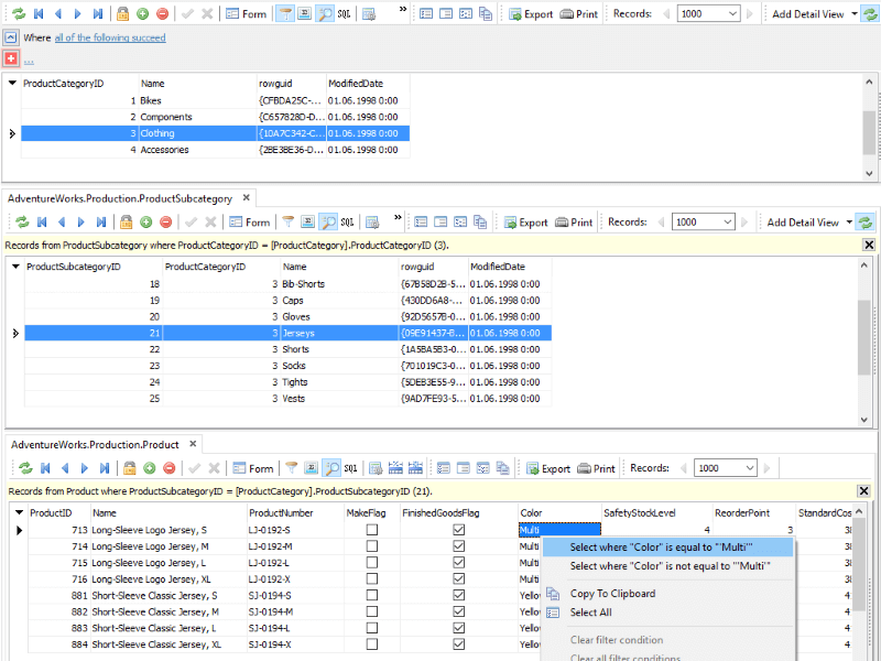 Browsing data in customizable multilevel master-detail views.