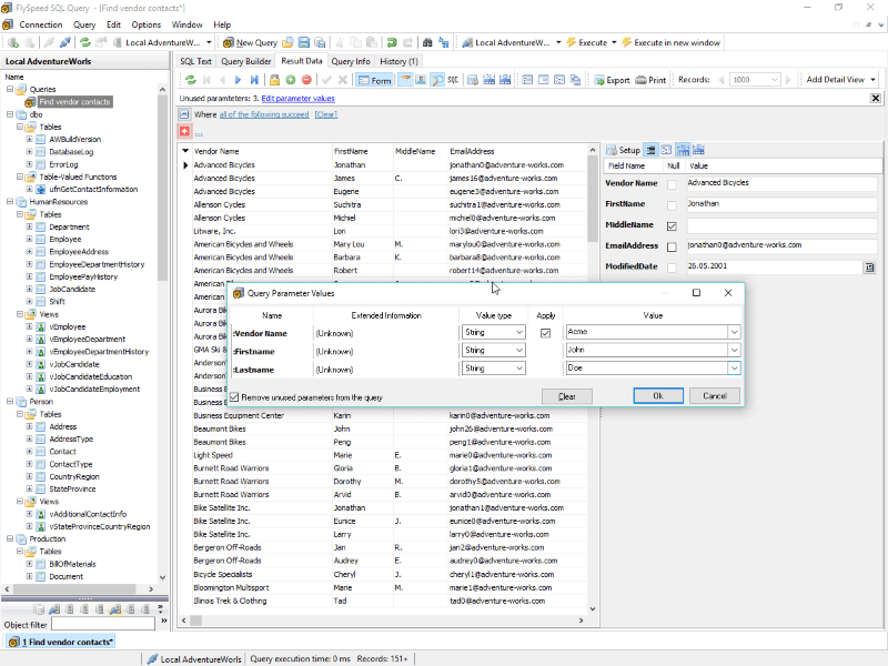 Simplified querying with parametrized SQL queries, convenient data browsing.